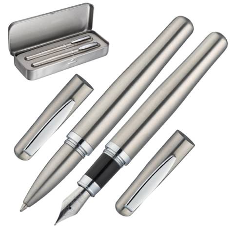 Metallbox mit Kugelschreiber u. Bleistift