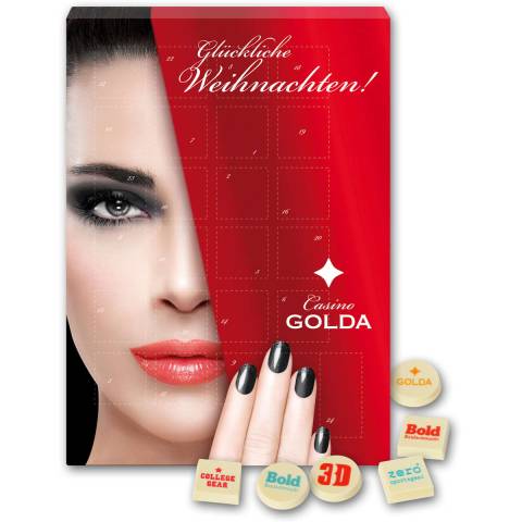 Werbe Adventskalender mit bedruckter Schokolade