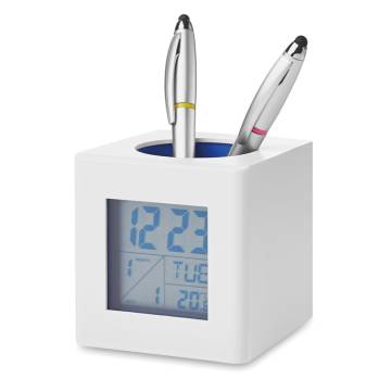 Stiftehalter mit Uhr wei�/blau Cubo